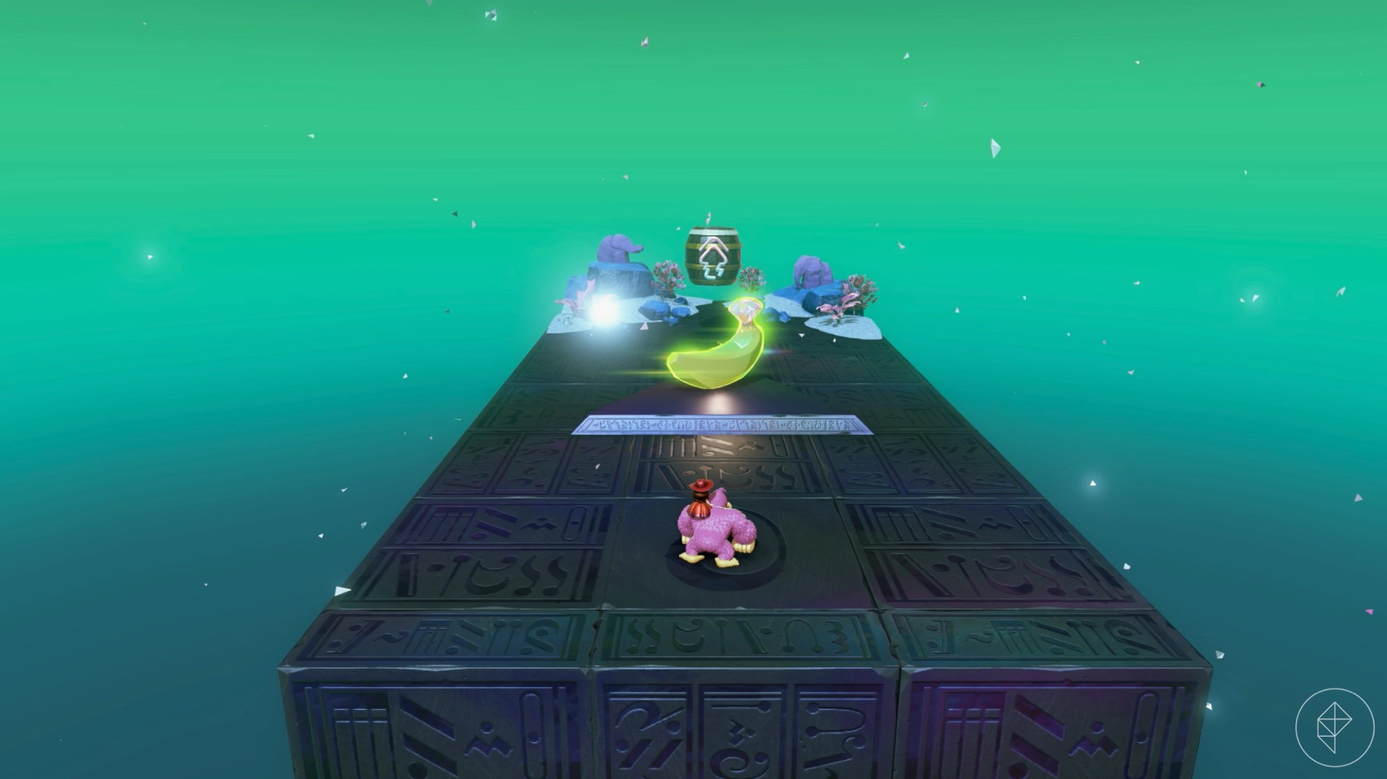 Donkey Kong standing before a golden banana in a challenge course on the Tempest Layer.
