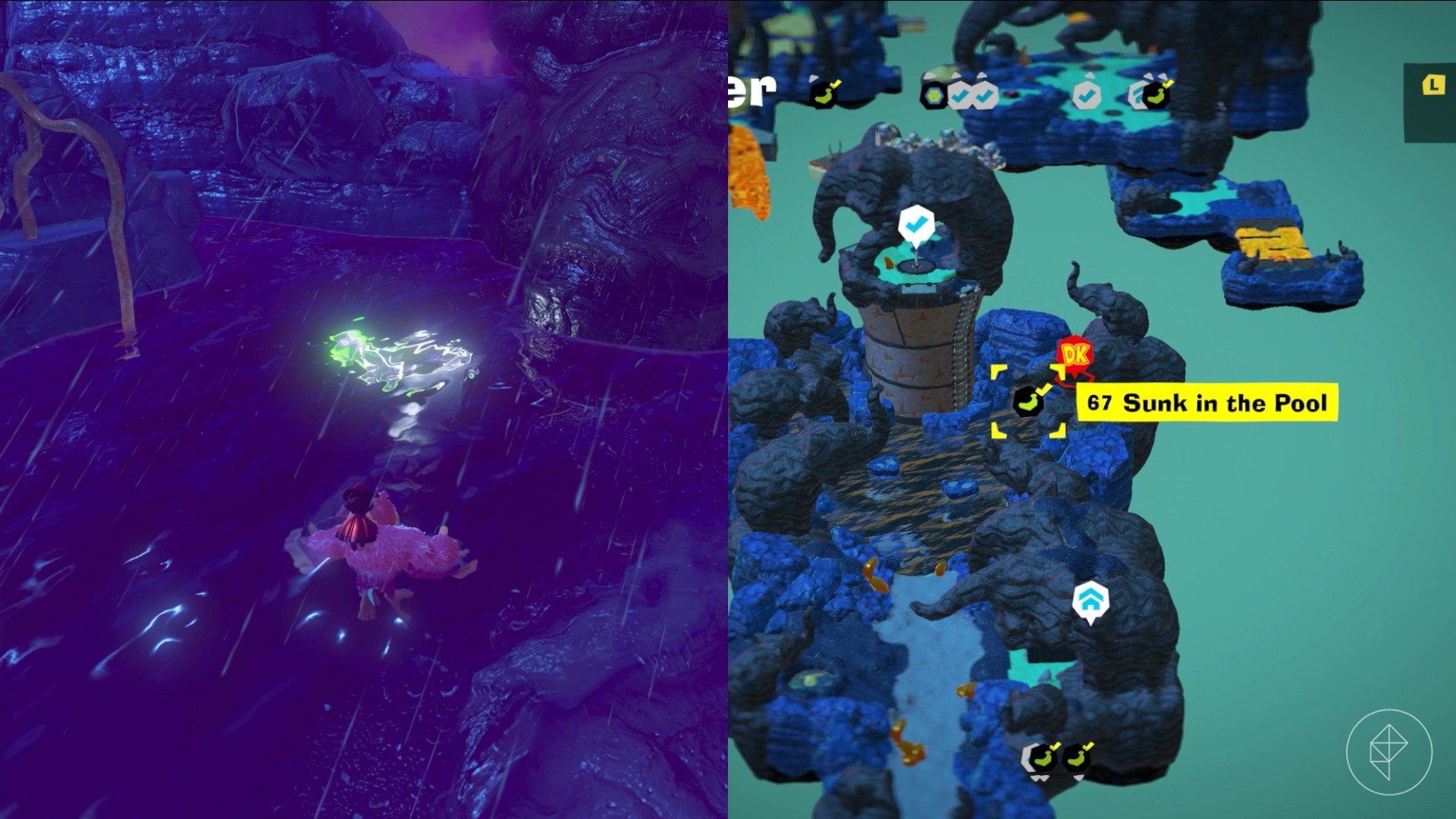 Donkey Kong swimming in a lake that has a submerged golden banana in it in Donkey Kong Bananza.