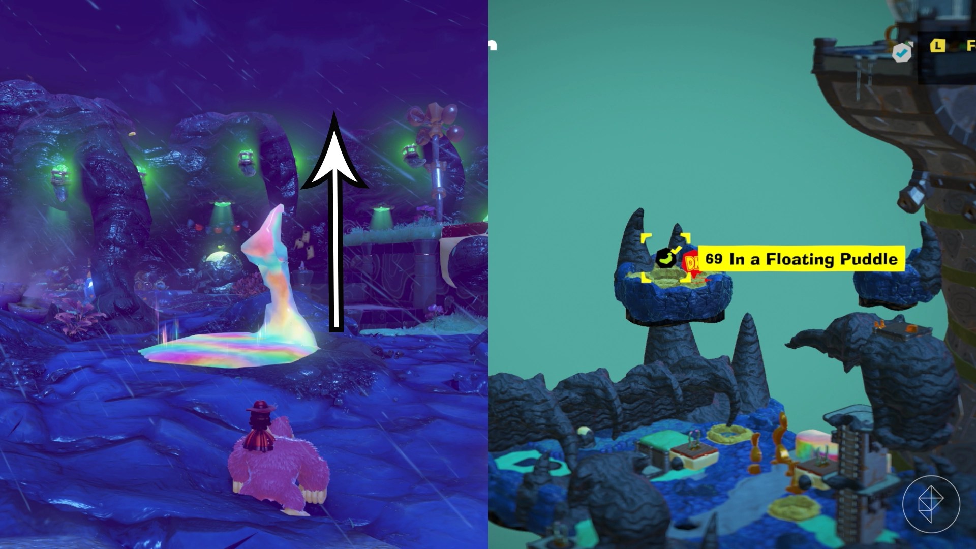 Donkey Kong standing in front of a pile of liftoff ore, a rainbow-colored material, with an arrow pointing upwards towards the sky in Donkey Kong Bananza.