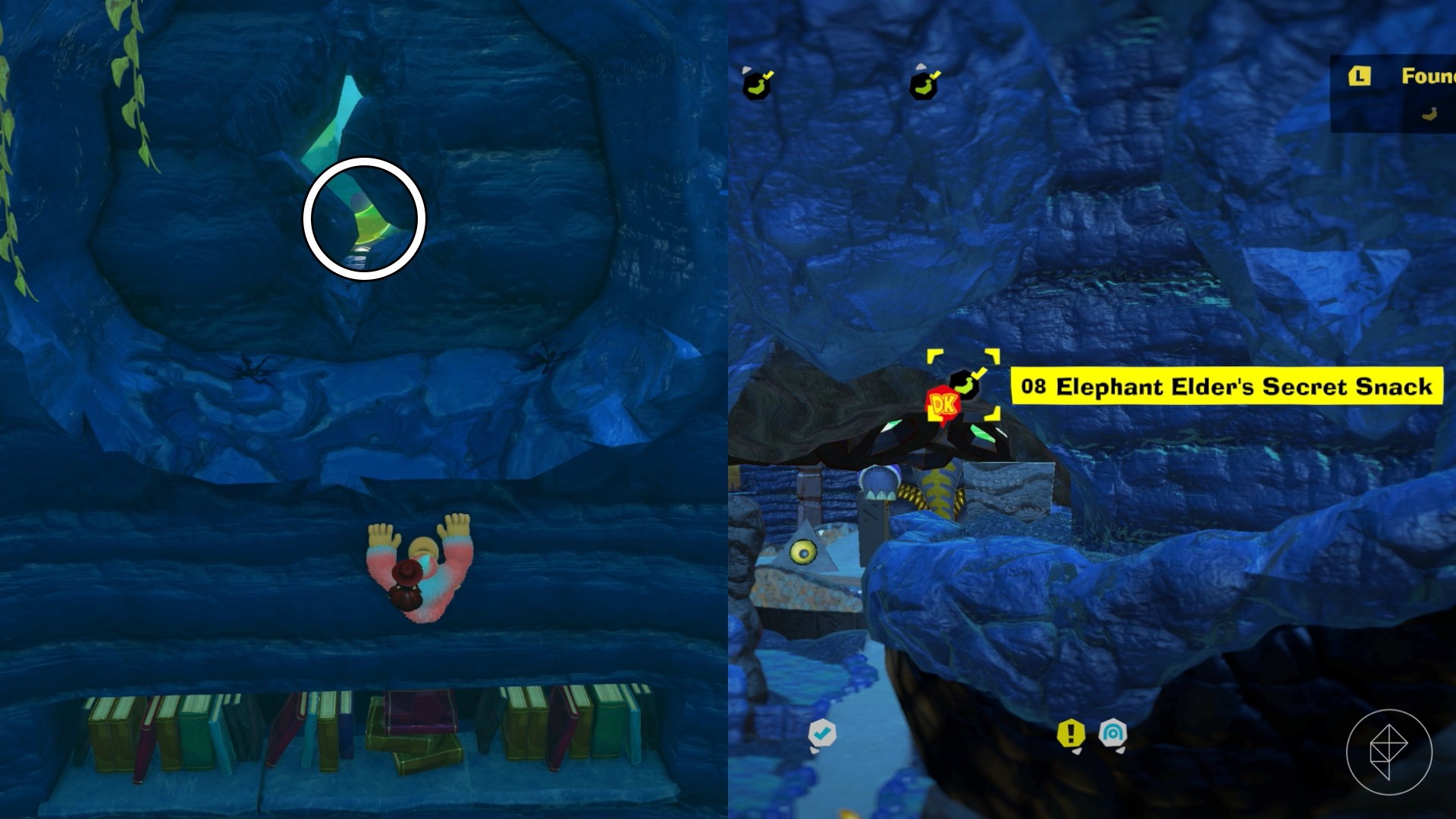DK climbs up a wall to look at a banana through a crack in the wall in Donkey Kong Bananza.