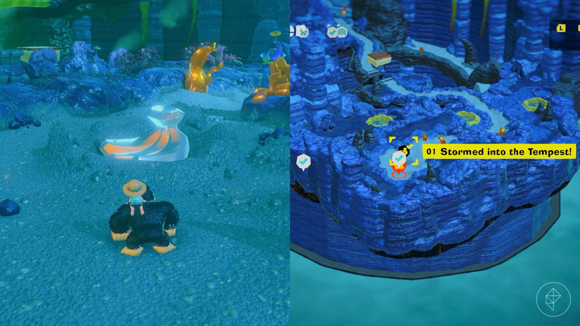 DK looks at a huge bunch of translucent bananas in Donkey Kong Bananza.