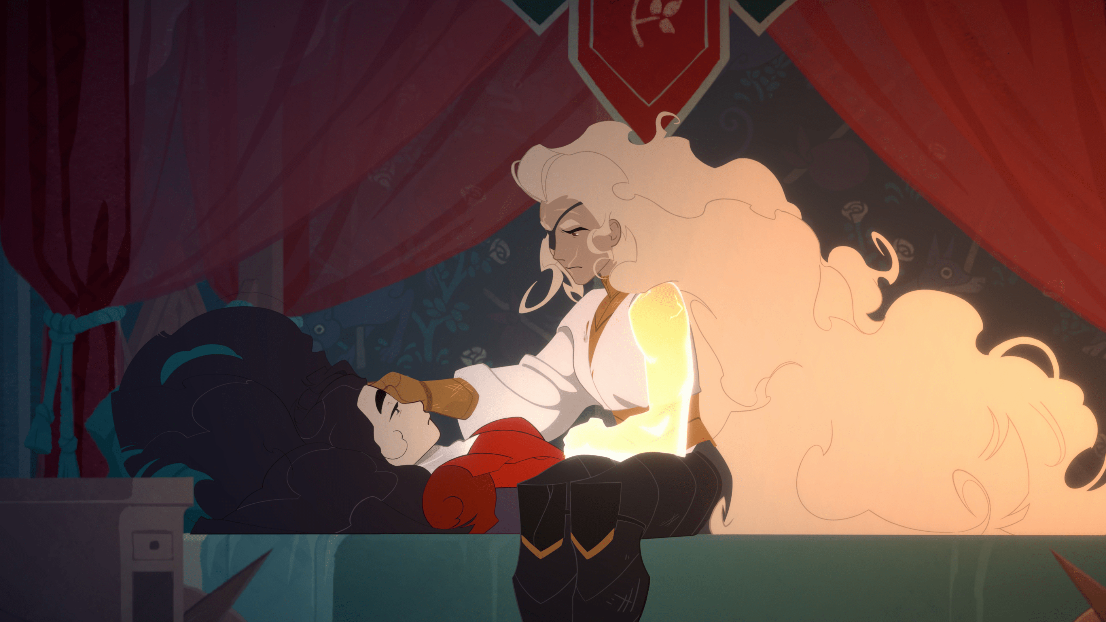 Two characters speaking to each other in At Fate’s End.