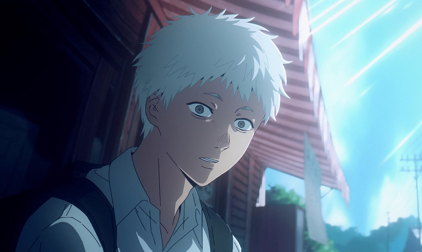 Hikaru, a white-haired teenage boy looks fearful, his eyes wide and bodytense. From The Summer Hikaru Died.