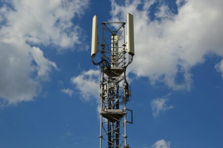 Telecommunications tower in rural countryside providing broadband internet access