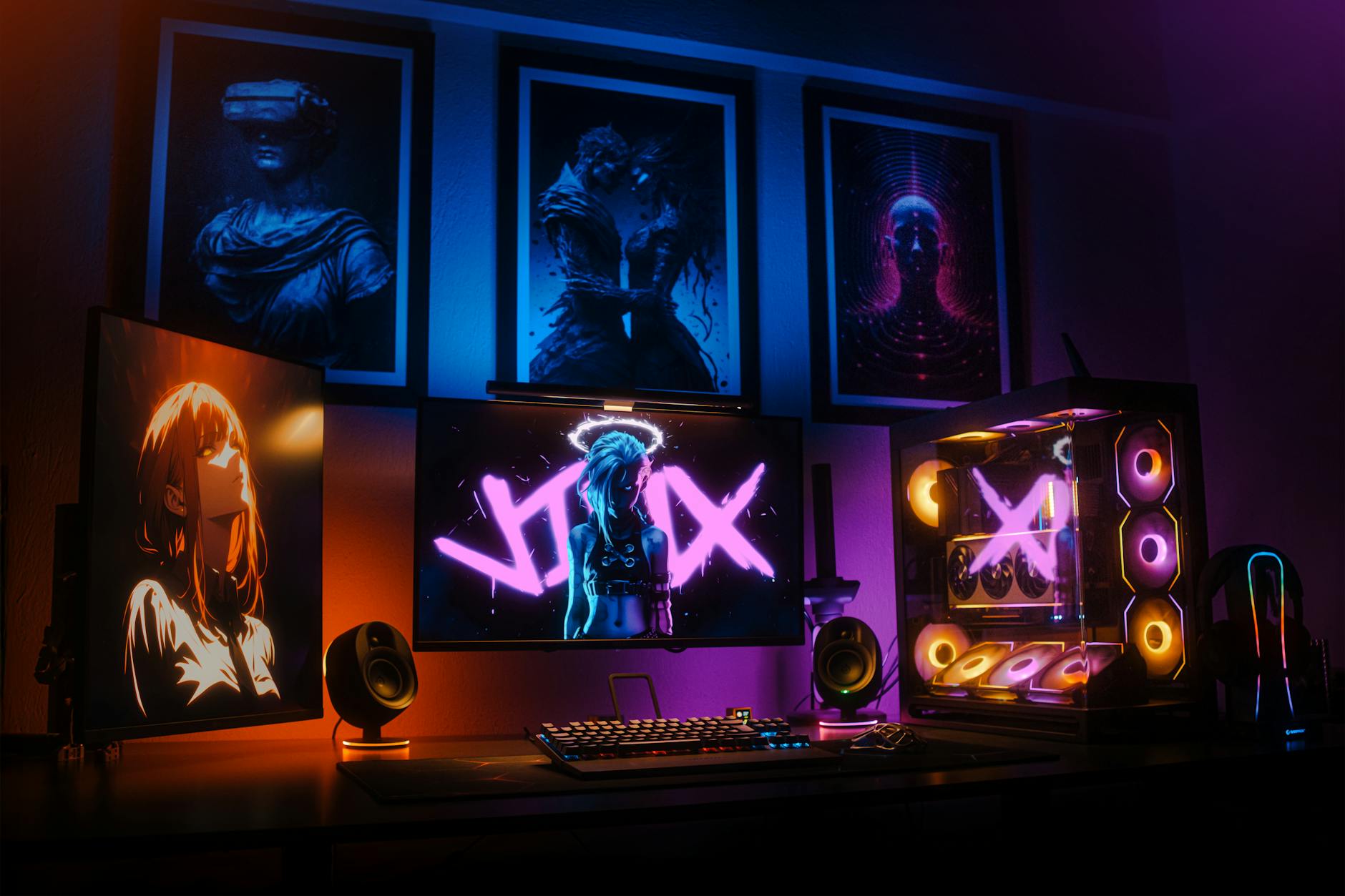 Modern gaming setup with colorful LED lighting and multiple monitors in a dark room