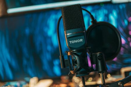 Professional streaming setup with high-quality microphone and audio equipment