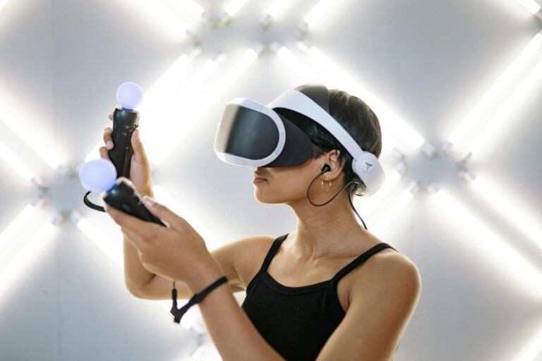 Person wearing virtual reality headset while gaming