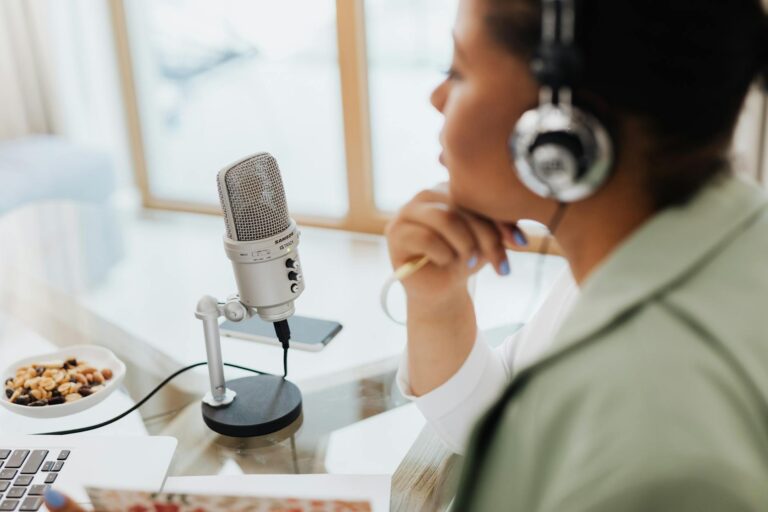 Professional podcasting setup with microphones and recording equipment