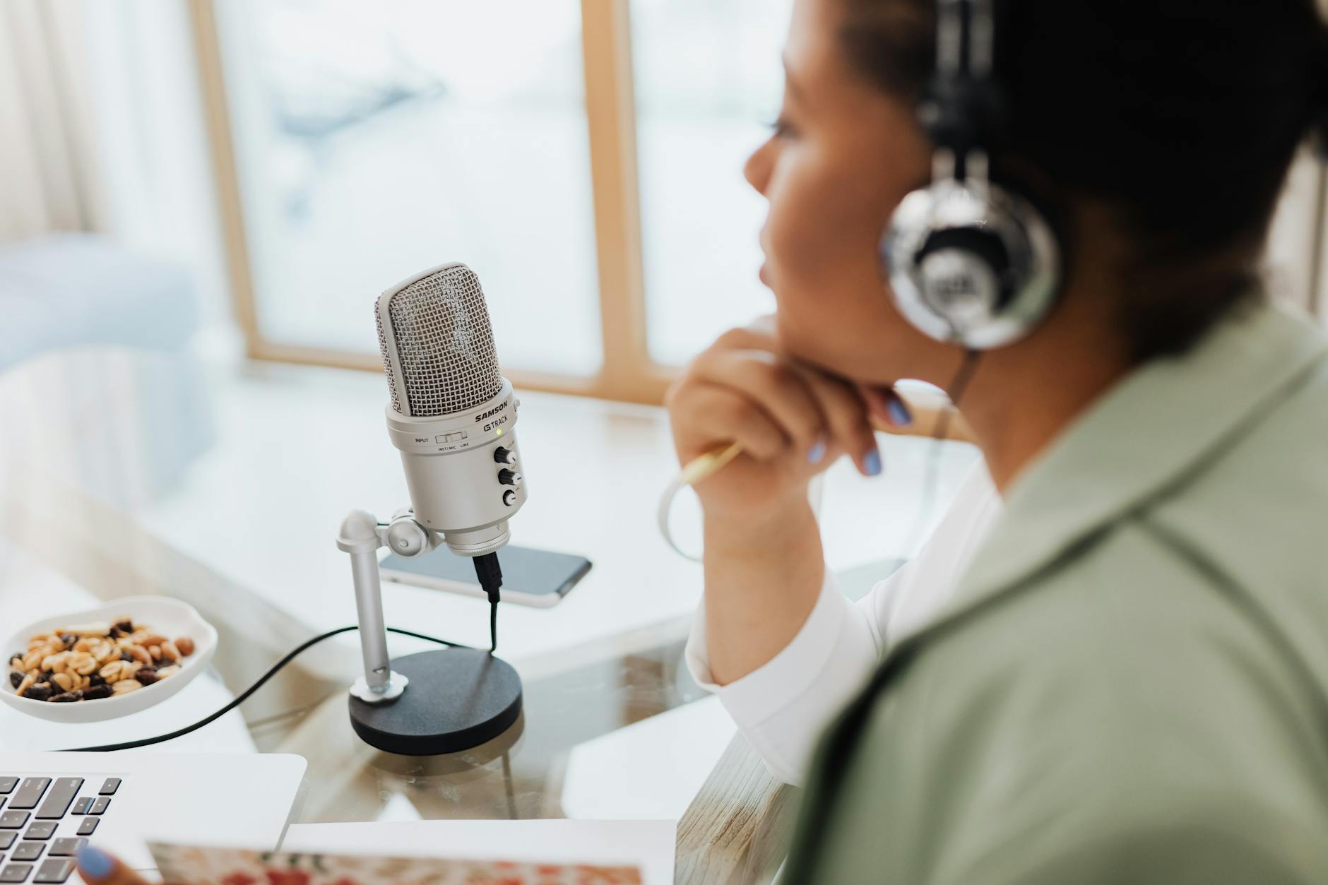 Professional podcasting setup with microphones and recording equipment
