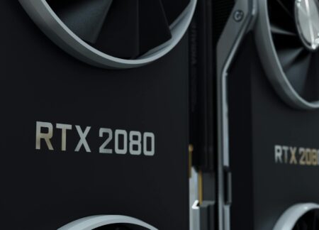 Modern graphics card installed in gaming computer showing RTX series design