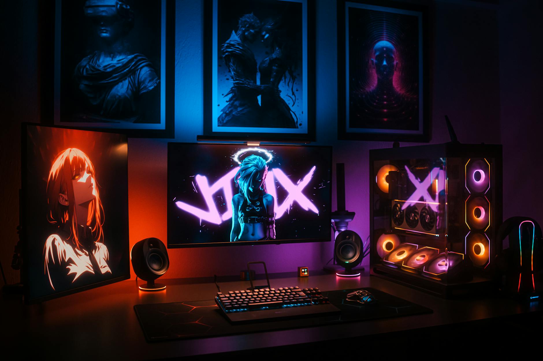 Modern gaming setup with RGB lighting and multiple monitors displaying colorful graphics