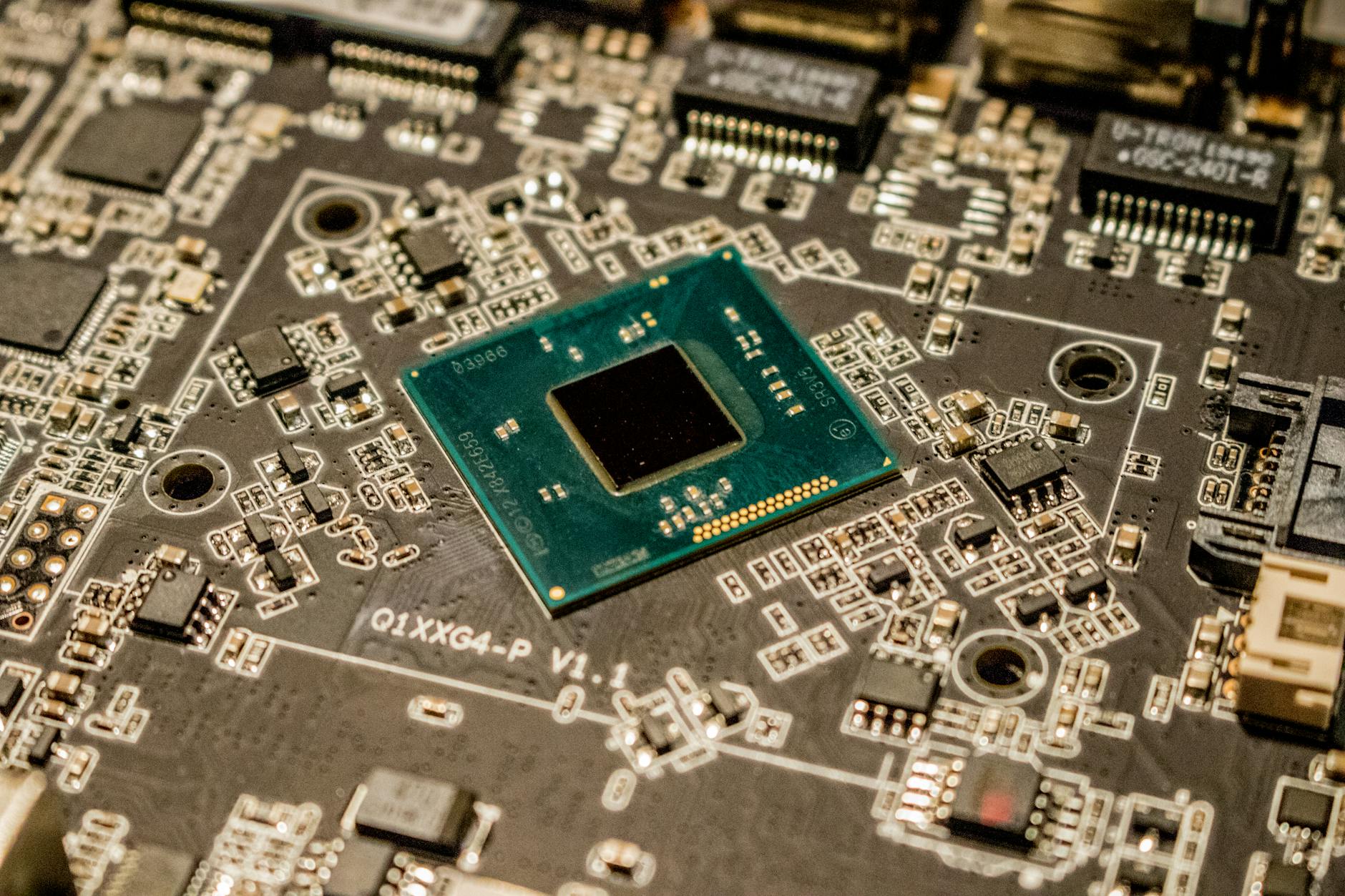 Close-up view of computer processor chip and cooling components