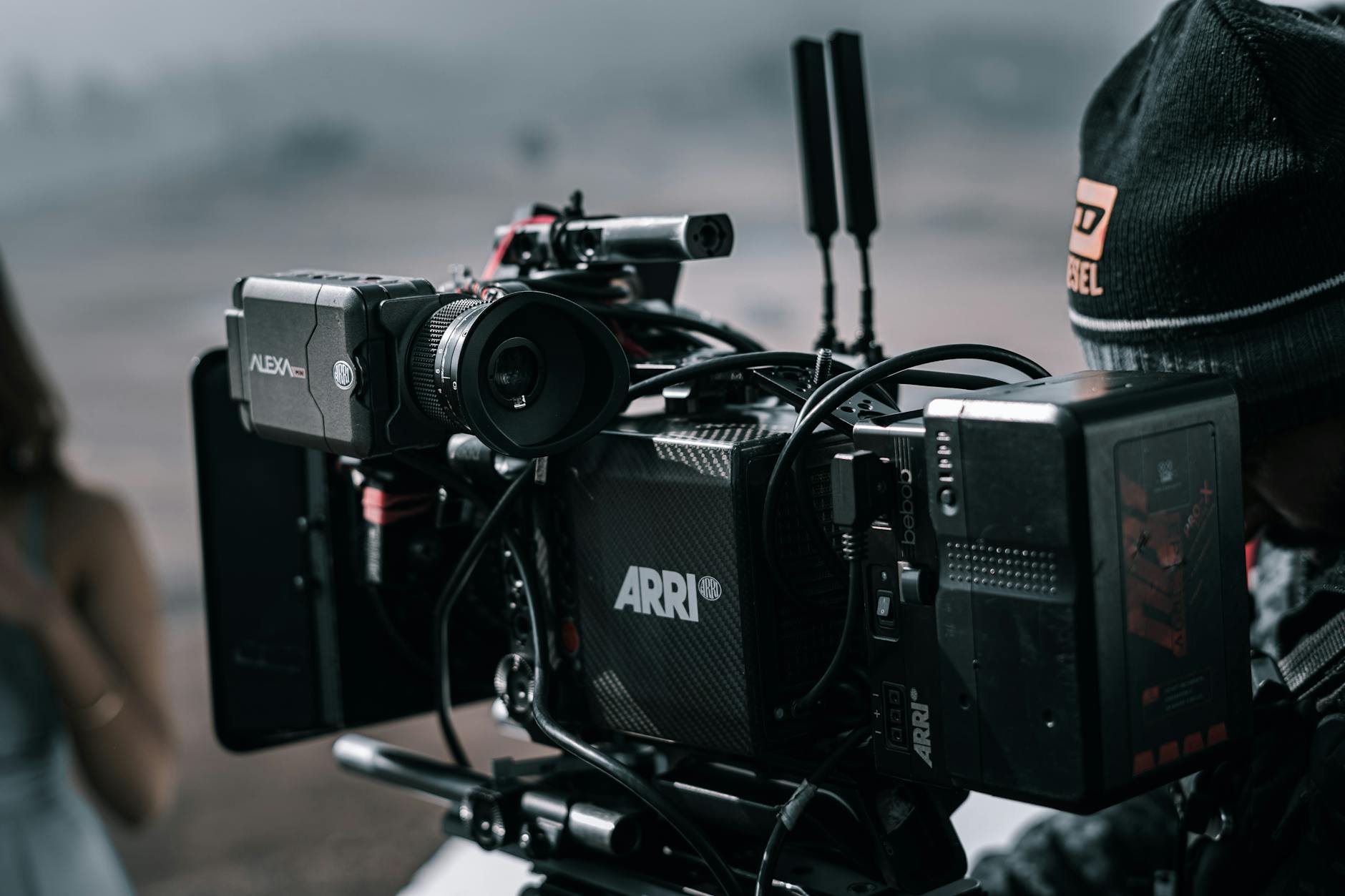 Television production set with cameras and lighting equipment during filming