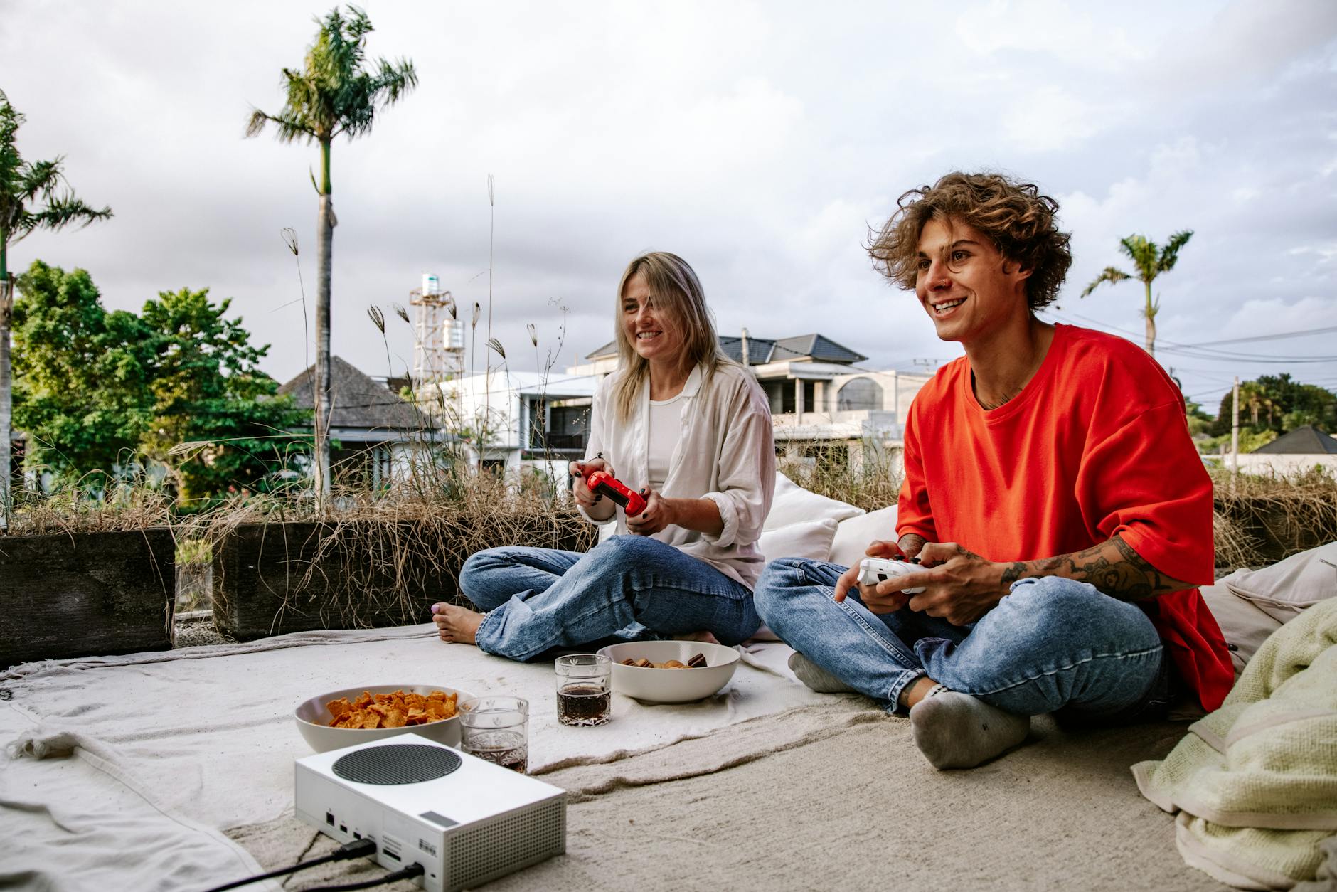 Group of people playing video games together representing multiplayer gaming