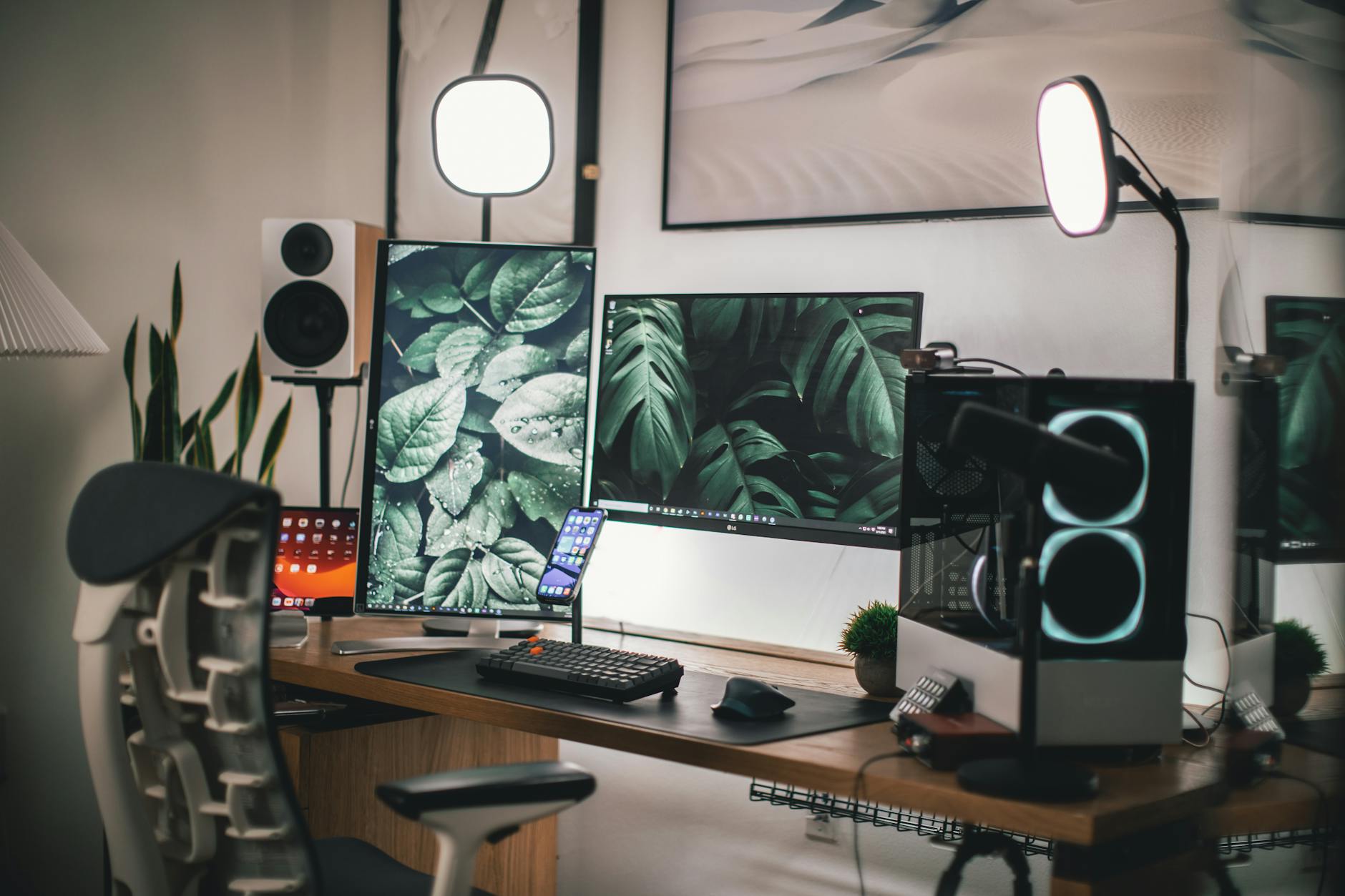 Modern streaming setup with multiple monitors and audio equipment for content creation