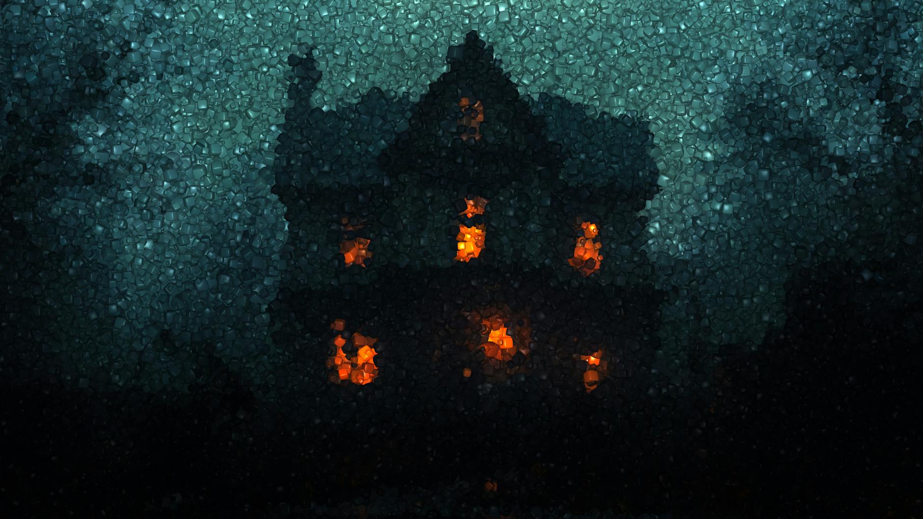 Spooky mansion exterior with dark windows and gothic architecture