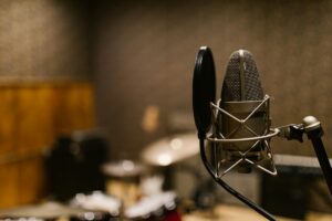 Professional recording studio with microphone setup for voice acting work