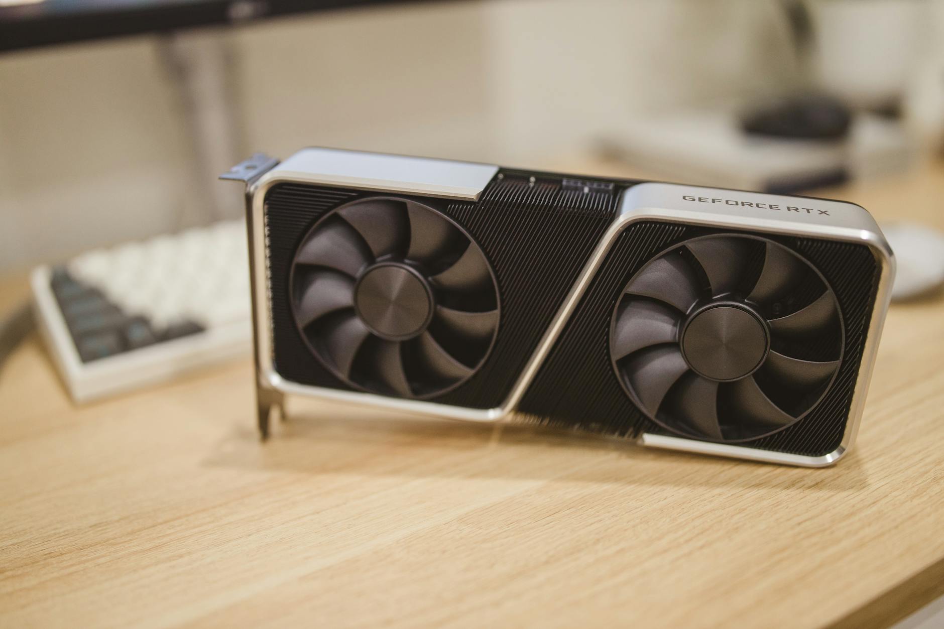 Close-up of a modern graphics card installed in a gaming PC build