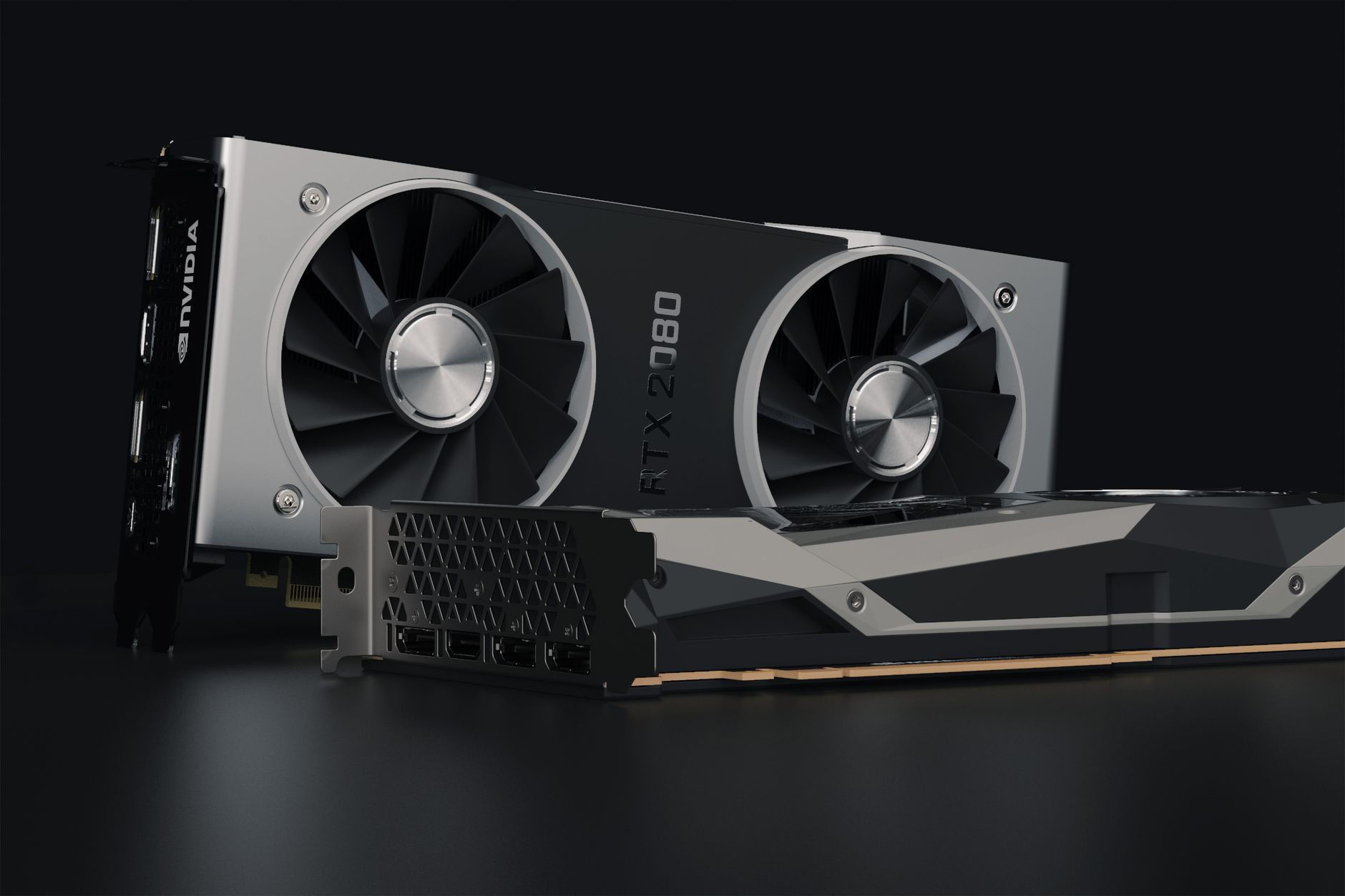 A modern graphics card displayed on a dark surface highlighting its cooling design