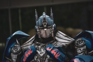 Close-up of futuristic sci-fi armor plating with metallic texture and blue lighting