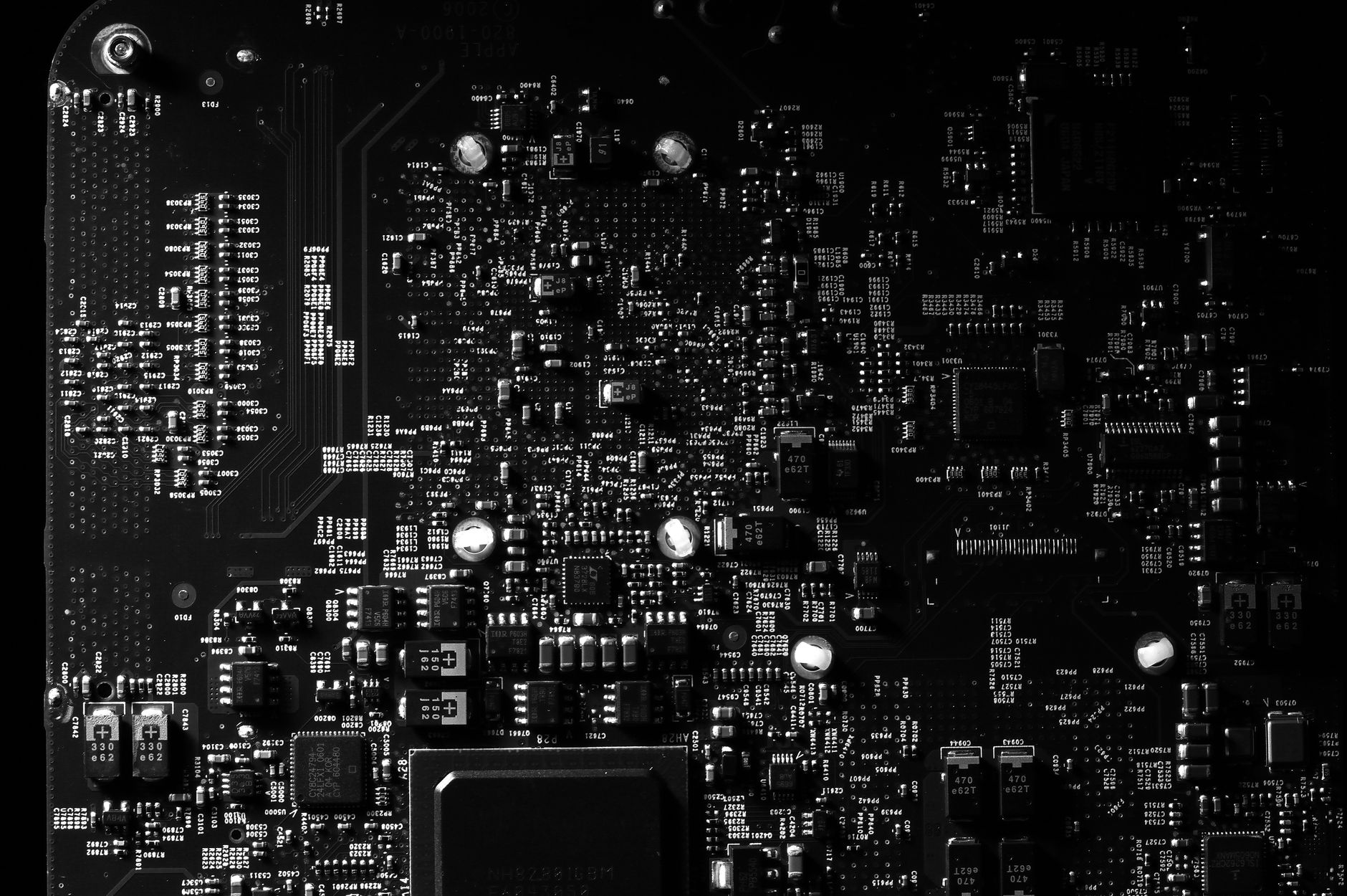 Close-up of PC hardware components arranged on a workbench