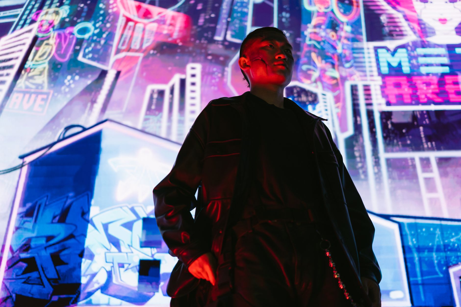 Neon-lit futuristic city street evoking a cyberpunk aesthetic