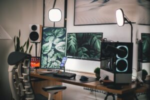 Empty desks inside a modern video game development studio