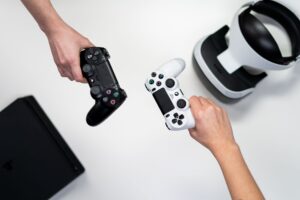 A gaming controller resting on a surface, representing competitive video game play