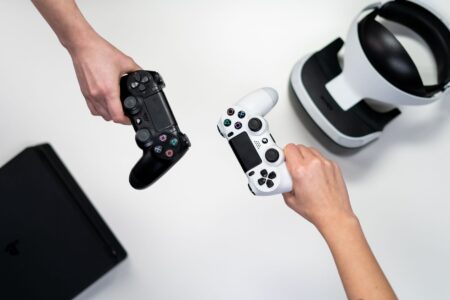 A gaming controller resting on a surface, representing competitive video game play