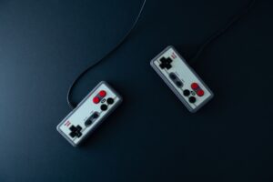 A gaming controller resting on a surface, representing handheld RPG gameplay