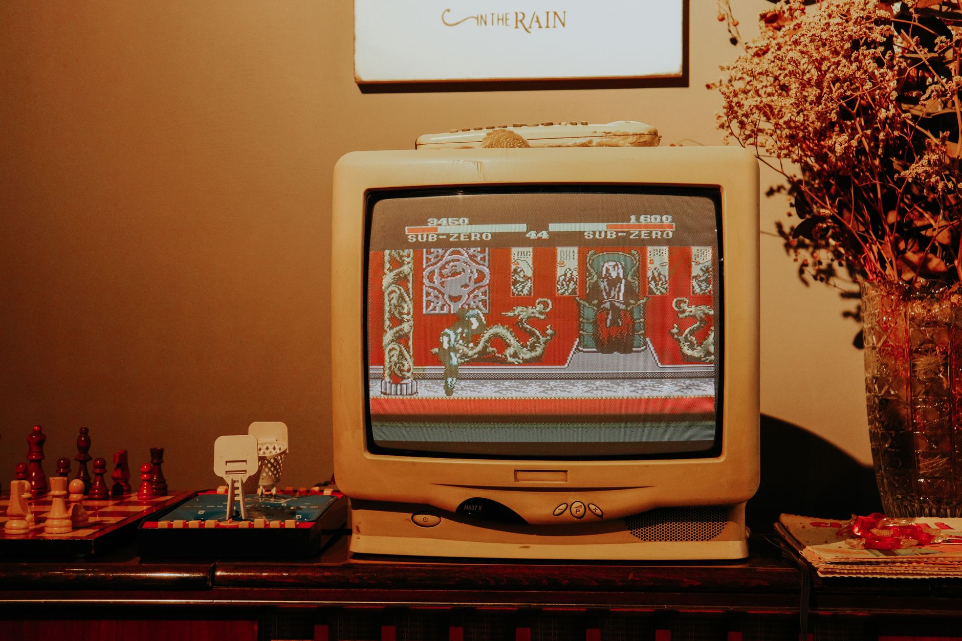 A television screen displaying a colorful platformer video game level