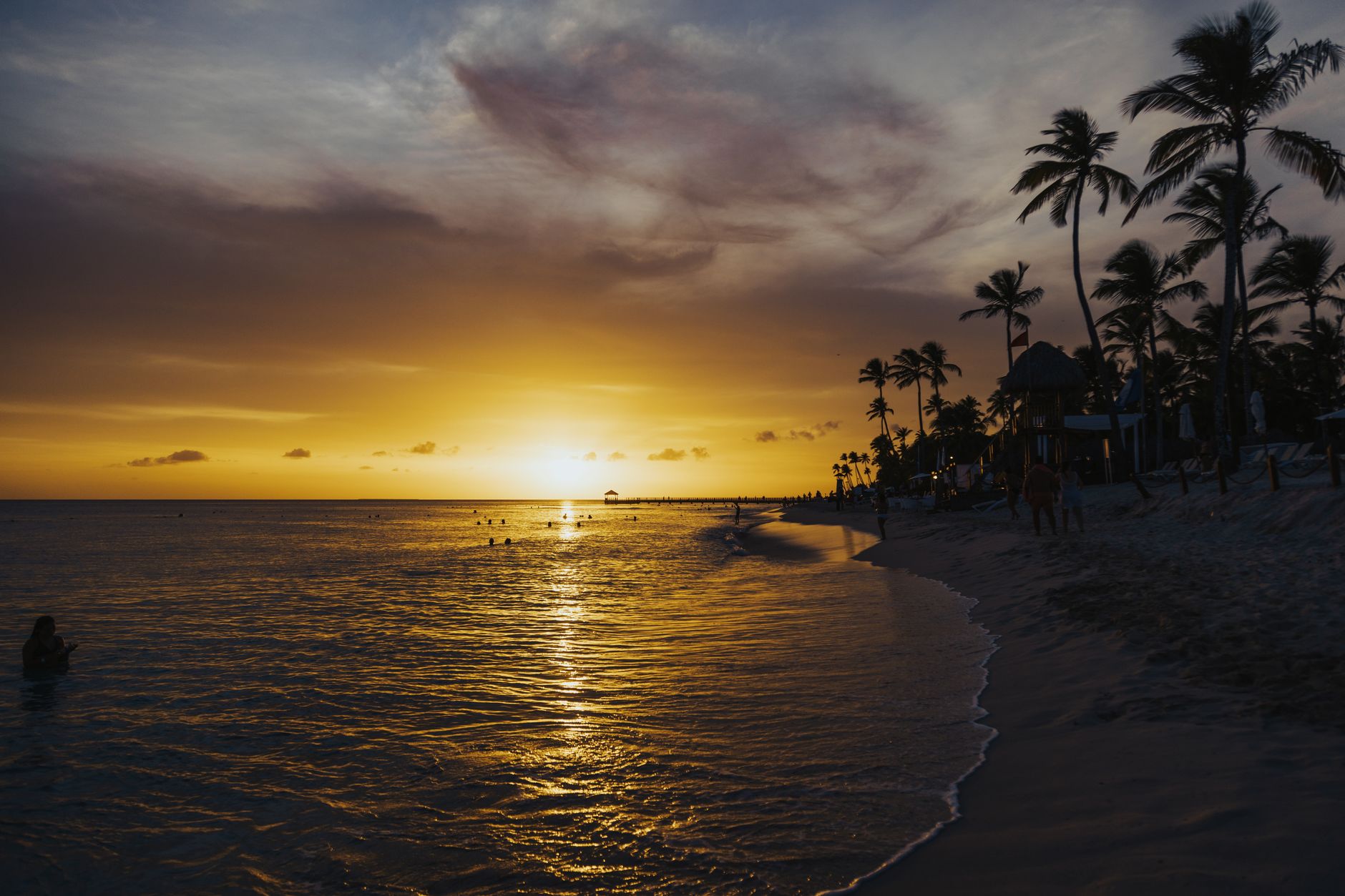 A vibrant tropical beach at sunset, evoking the visual style of Donkey Kong's jungle and island settings