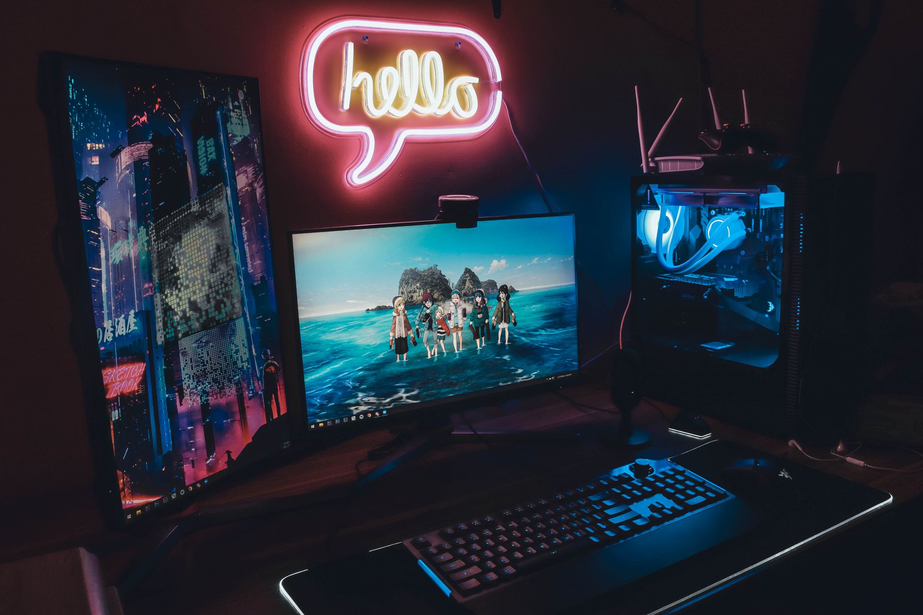 A glowing gaming screen in a dark room, representing late-game progression decisions in Bananza