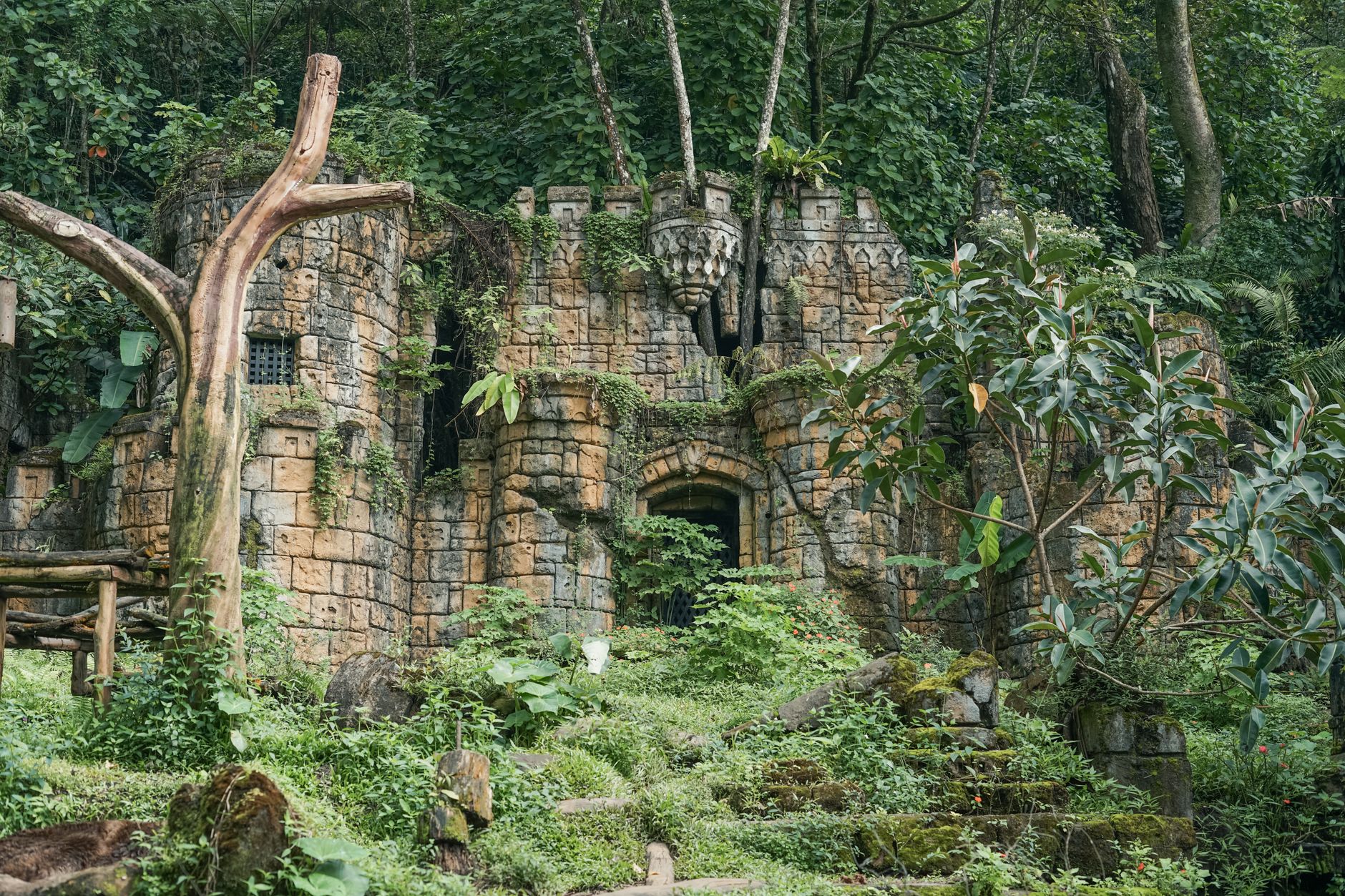A lush jungle setting that recalls the aesthetic of classic Donkey Kong Country platformer levels