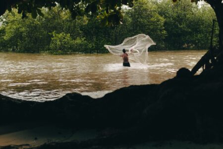 A person fishing along a tropical river bank surrounded by lush green foliage