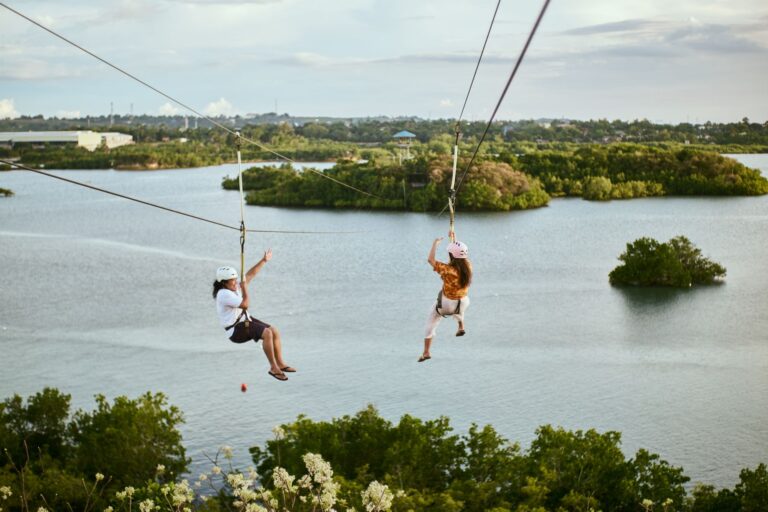 A zipline cable stretched through a dense jungle canopy, representing fast traversal mechanics in platformer games