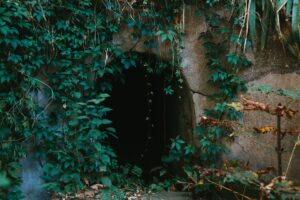A dark cave entrance lit softly from within, evoking the cozy sanctuary feel of Wrinkly Kong's save caves in DKC2